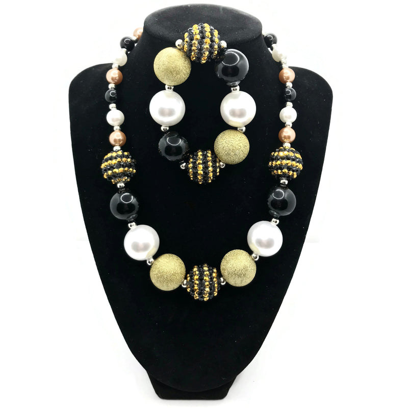 Black and Gold Chunky Bubblegum Necklace with Bracelet Set
