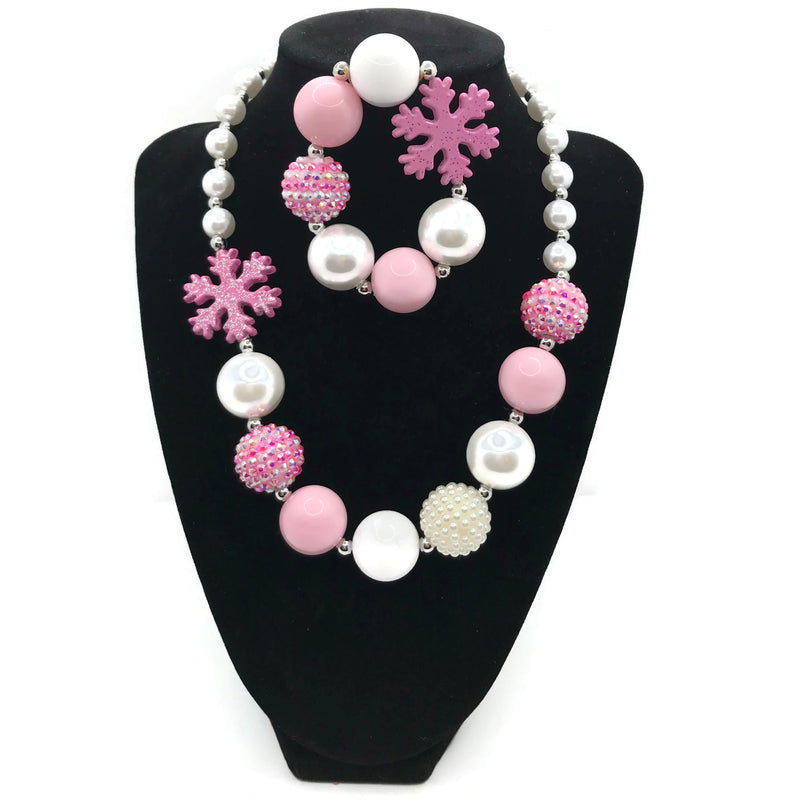 Snowflake and Pearls Chunky Bubblegum Necklace with Bracelet Set