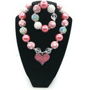 Glitter Heart Charm Chunky Bubblegum Necklace with Bracelet Set