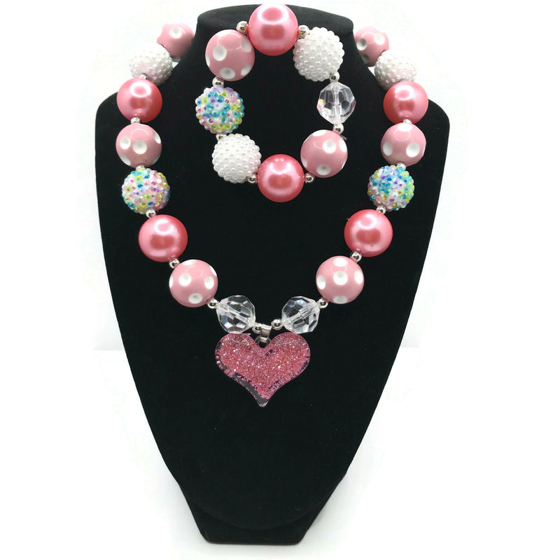 Glitter Heart Charm Chunky Bubblegum Necklace with Bracelet Set