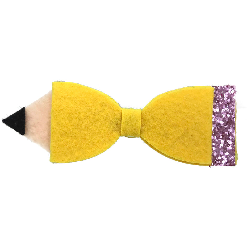 Yellow Pencil with Pink Sparkle Hair Clip Bow