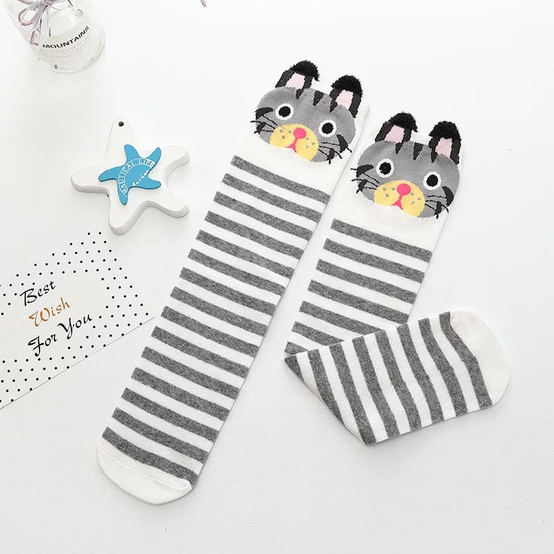 Gray and White Striped Cat Knee High Socks