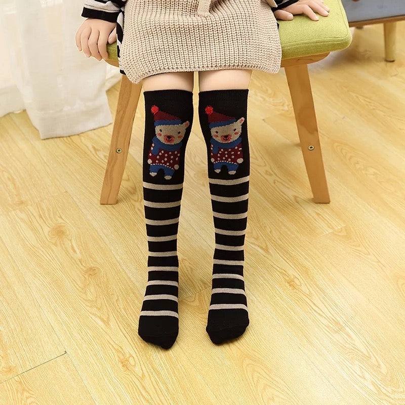 Striped Winter Bear Knee High Socks