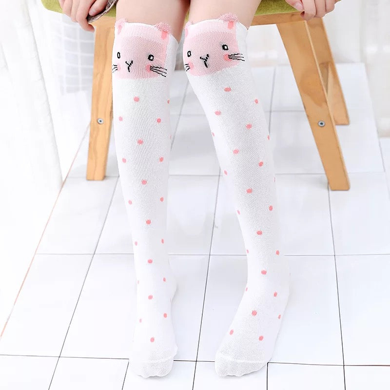 White with Pink Polka Dot Cat Knee High Socks
