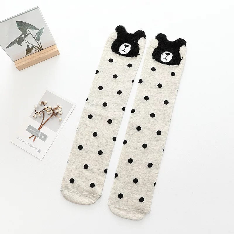 Gray and Black Polka Dot Bear Knee High Socks
