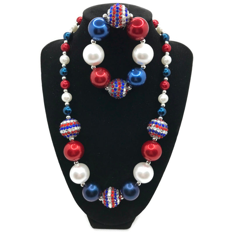 Patriotic Pearl Top Chunky Bubblegum Necklace w/Bracelet Set