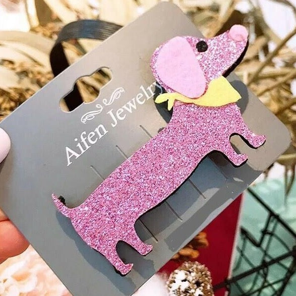 Pink Dog Glitter Felt Hair Clip - Large