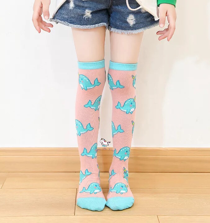 Pink and Blue Narwhal Knee High Socks
