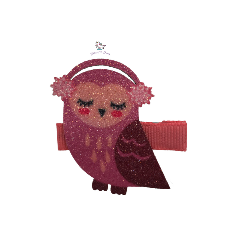 Pink Winter Owl Glitter Felt Hair Clip