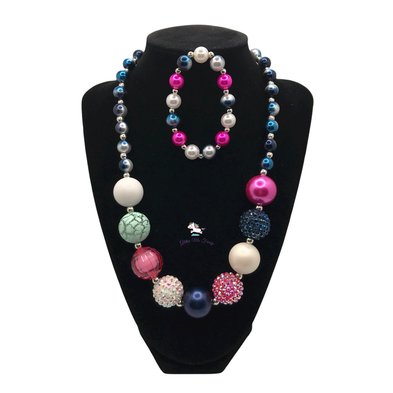 Pink & Blue Crush Chunky Bubblegum Necklace with Bracelet Set
