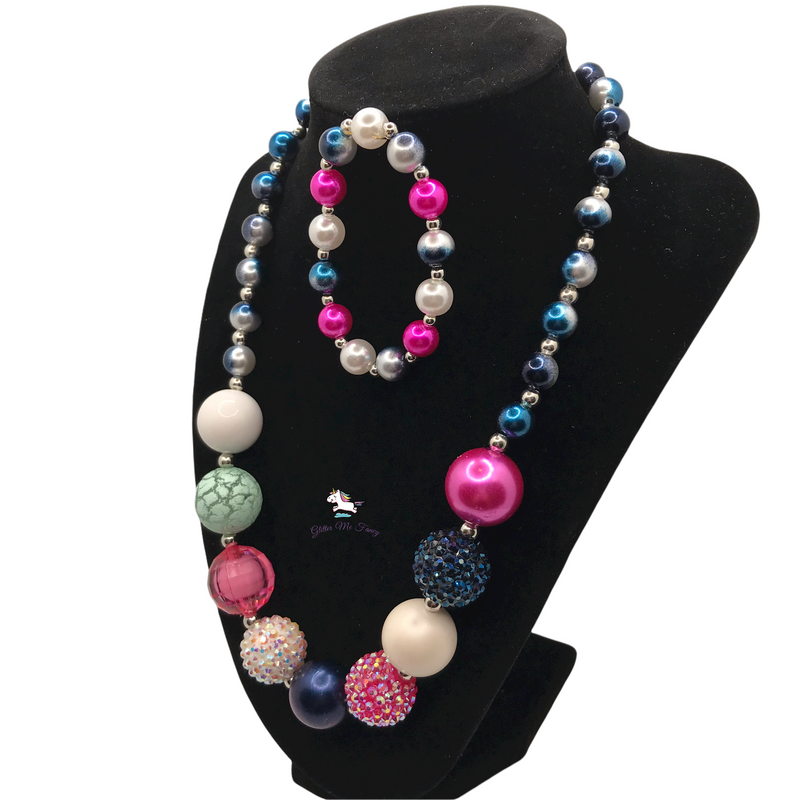 Pink & Blue Crush Chunky Bubblegum Necklace with Bracelet Set