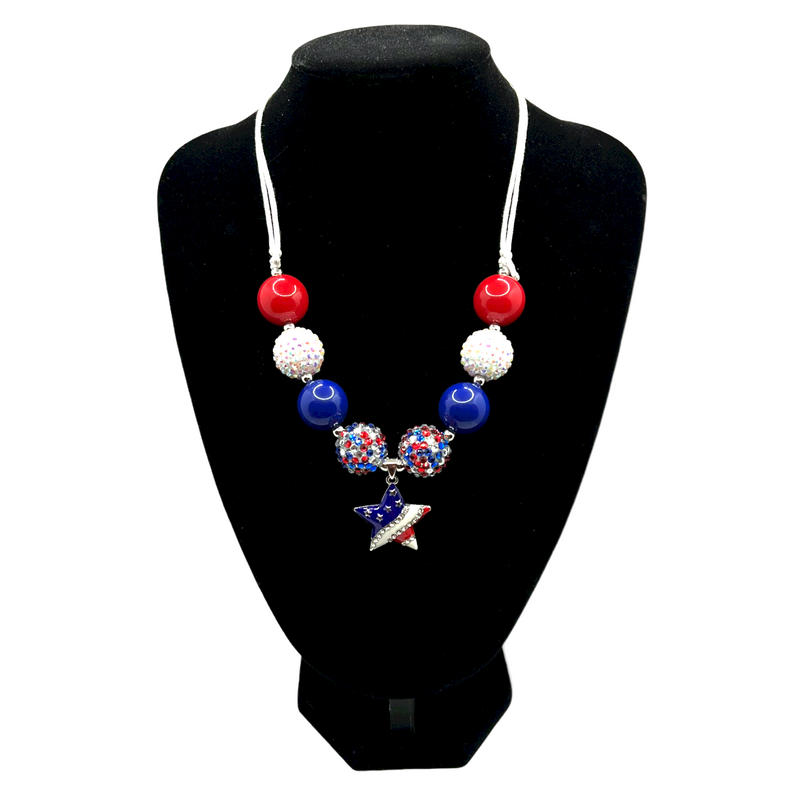 Patriotic Star Adjustable Cord Chunky Bubblegum Necklace