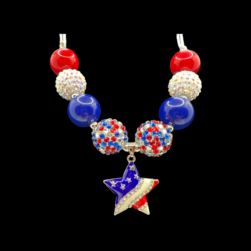 Patriotic Star Adjustable Cord Chunky Bubblegum Necklace