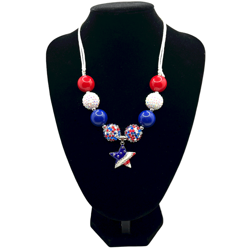 Patriotic Star Adjustable Cord Chunky Bubblegum Necklace