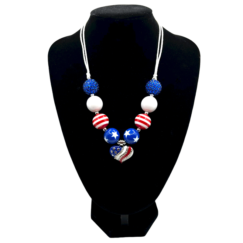 Patriotic Heart Adjustable Cord Chunky Bubblegum Necklace