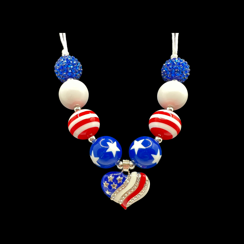 Patriotic Heart Adjustable Cord Chunky Bubblegum Necklace