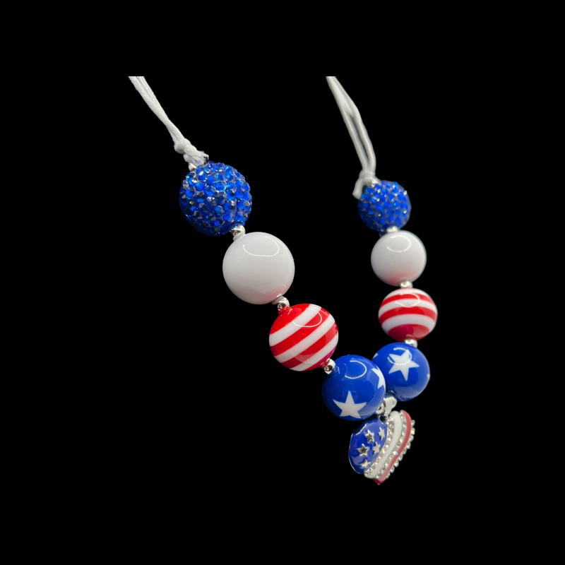 Patriotic Heart Adjustable Cord Chunky Bubblegum Necklace