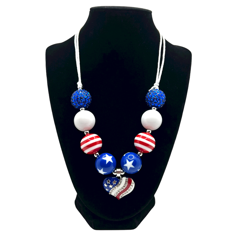 Patriotic Heart Adjustable Cord Chunky Bubblegum Necklace