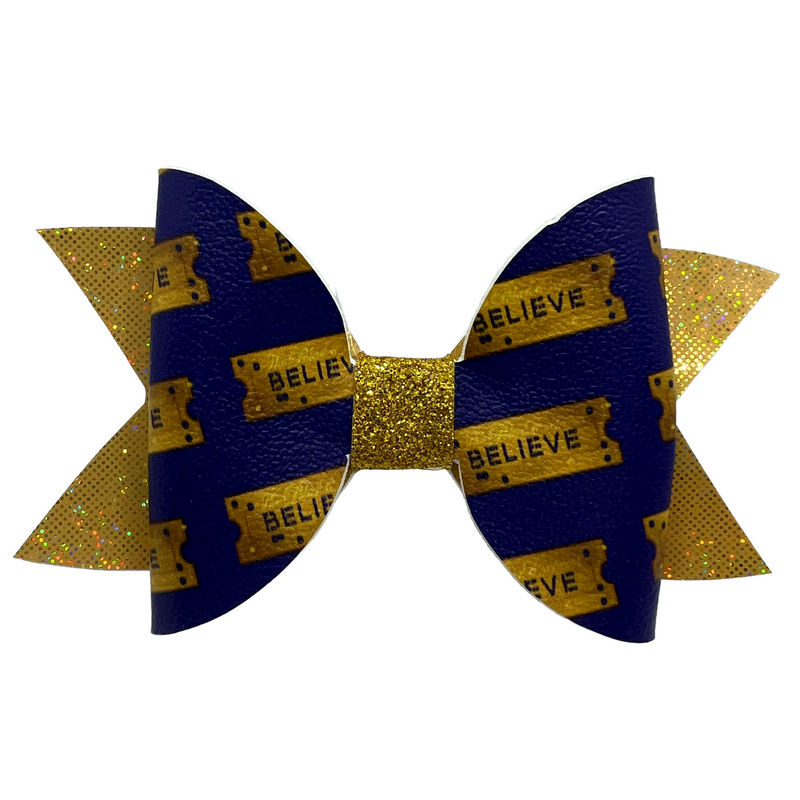 Blue & Gold Sparkle “Believe” Ticket Hair Clip Bow