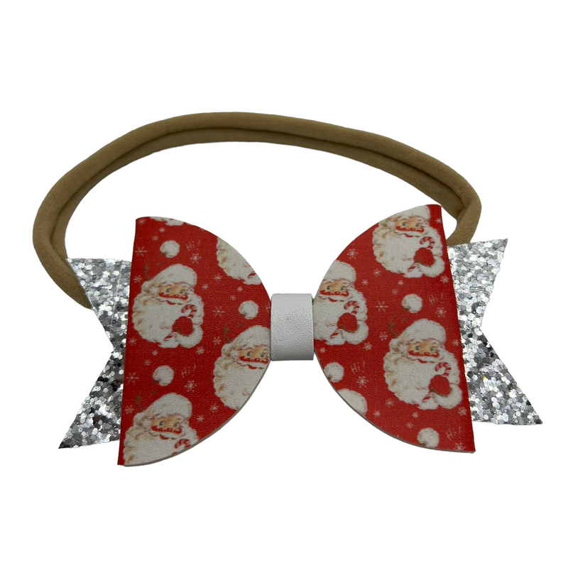 Red & Silver Sparkle Santa Face Headband Bow