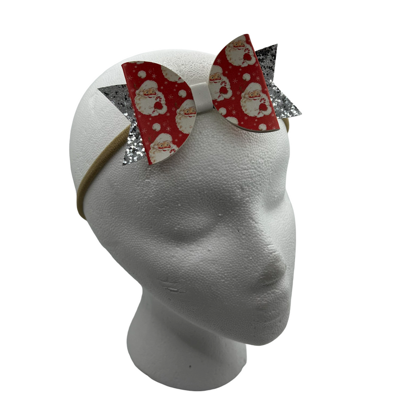 Red & Silver Sparkle Santa Face Headband Bow