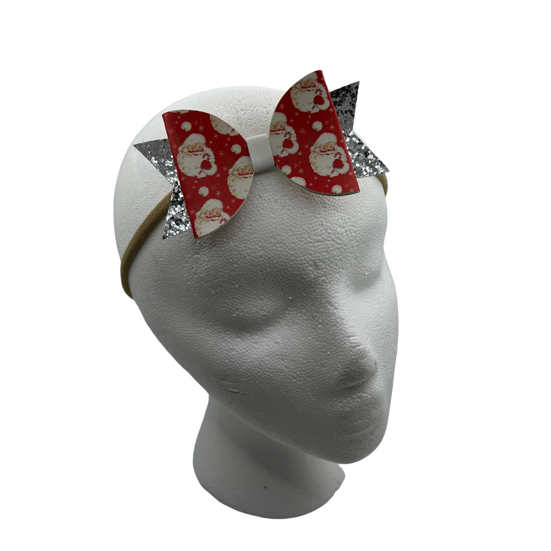 Red & Silver Sparkle Santa Face Headband Bow