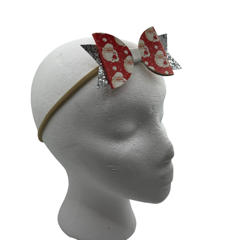 Red & Silver Sparkle Santa Face Headband Bow