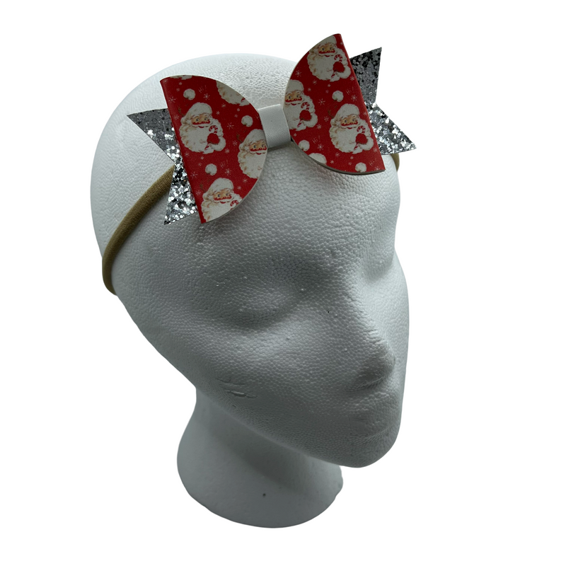 Red & Silver Sparkle Santa Face Headband Bow