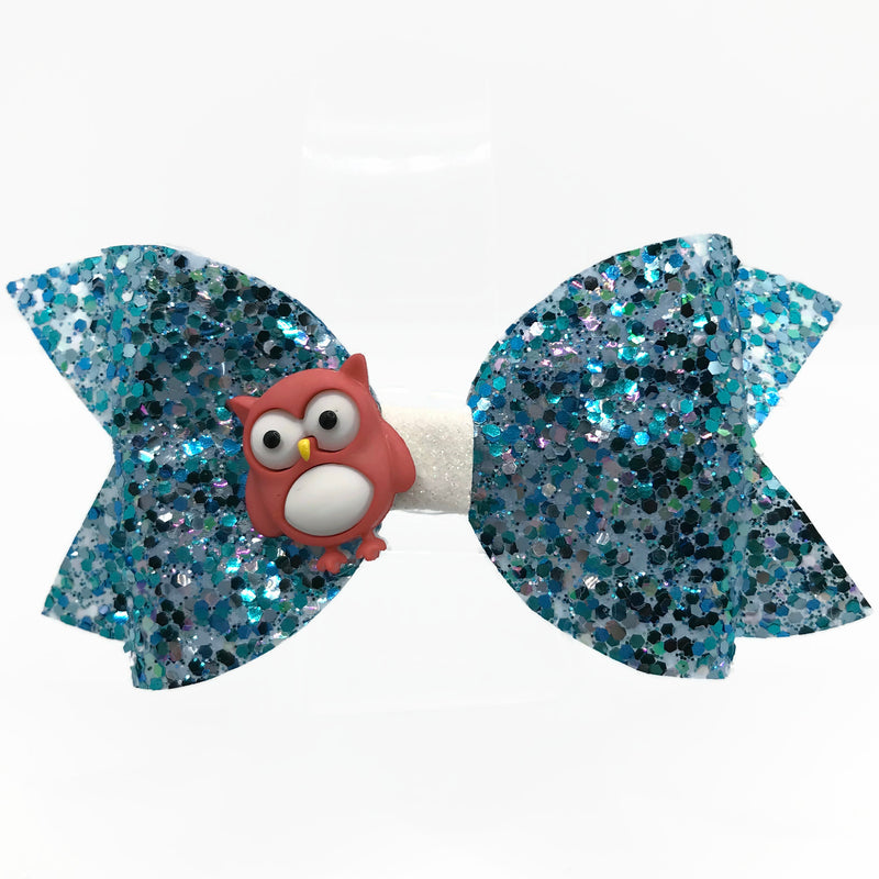 Blue Sparkle with Pink Owl Hair Clip Bow