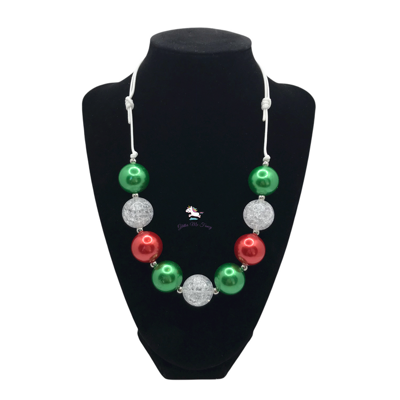Red, Green & Clear Crackle Chunky Bubblegum Necklace Adjustable Cord