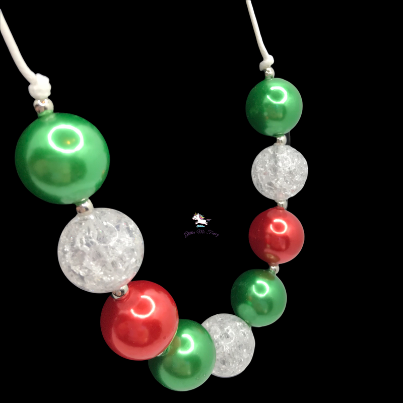 Red, Green & Clear Crackle Chunky Bubblegum Necklace Adjustable Cord