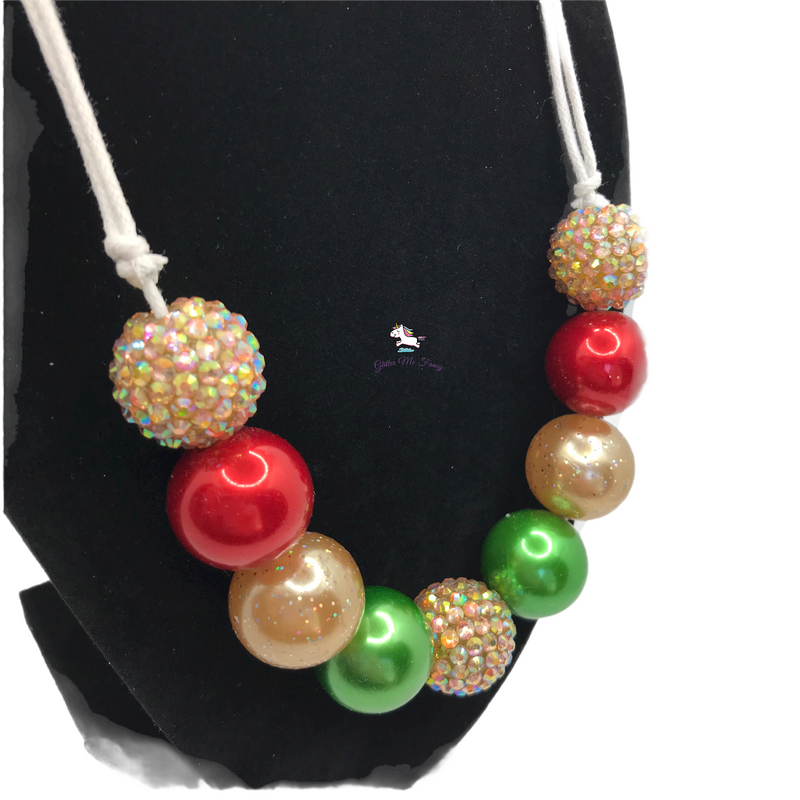 Sparkle Gold, Red & Green Chunky Bubblegum Necklace on Adjustable Cord