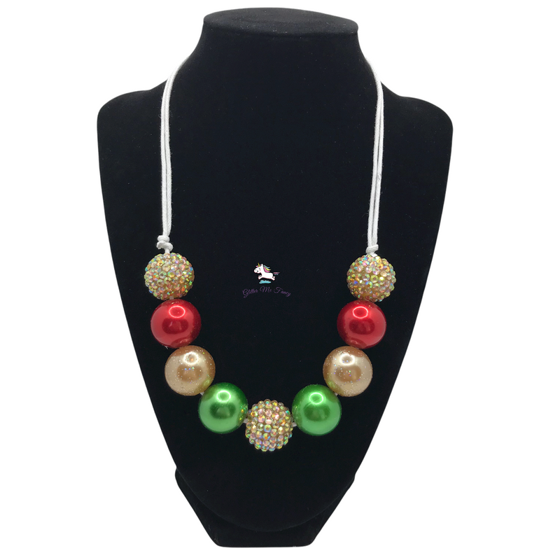 Sparkle Gold, Red & Green Chunky Bubblegum Necklace on Adjustable Cord