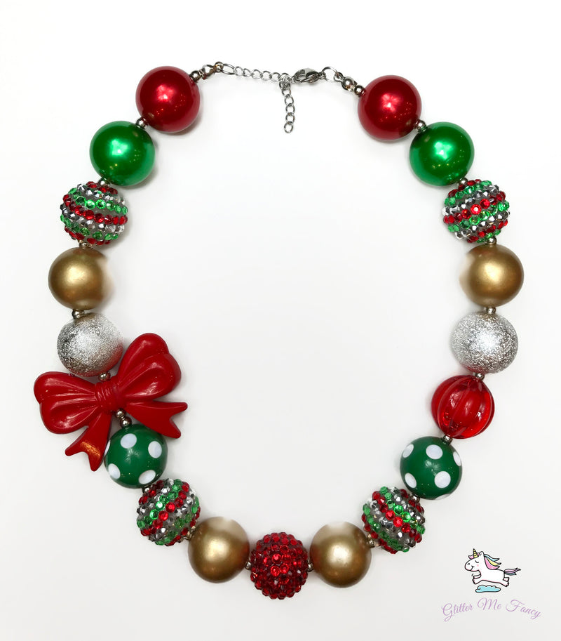 Red Bow Christmas Chunky Bubblegum Necklace