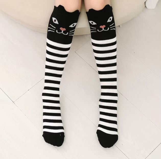 Black and White Striped Cat Knee High Socks