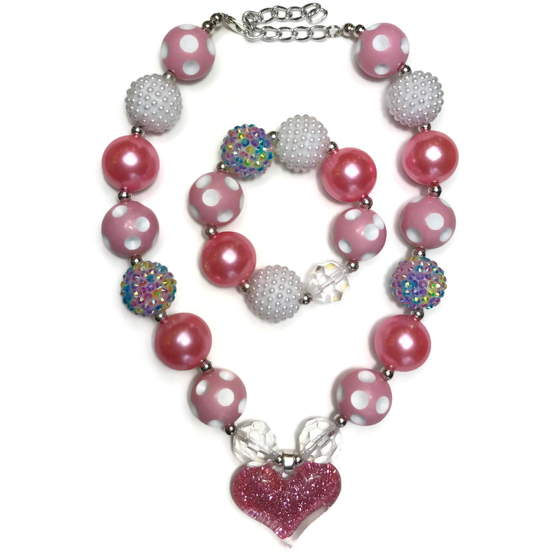 Glitter Heart Charm Chunky Bubblegum Necklace with Bracelet Set