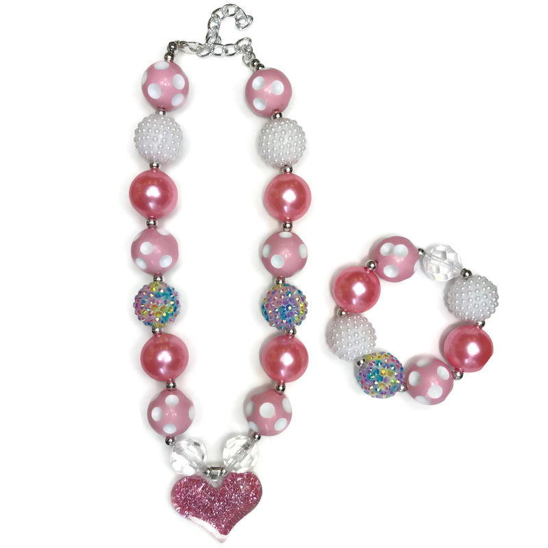 Glitter Heart Charm Chunky Bubblegum Necklace with Bracelet Set