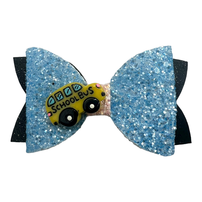 Blue Sparkle with School Bus Charm Hair Clip Bow