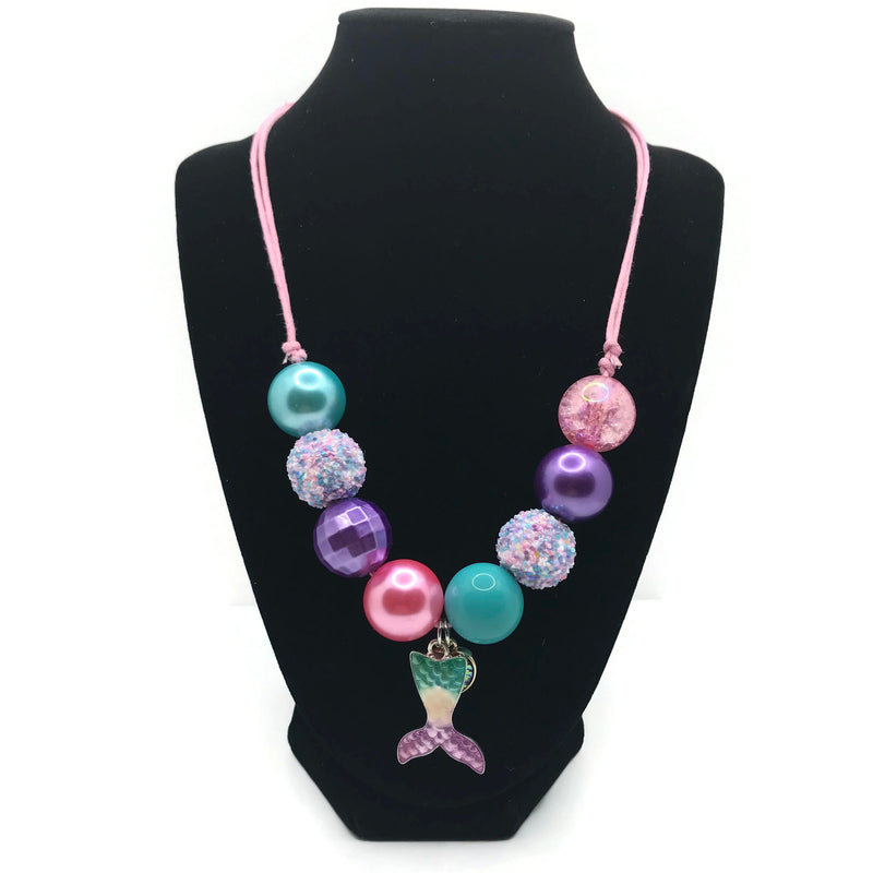 Mermaid Tail with Heart Charm Chunky Bubblegum Necklace with Adjustable Cord