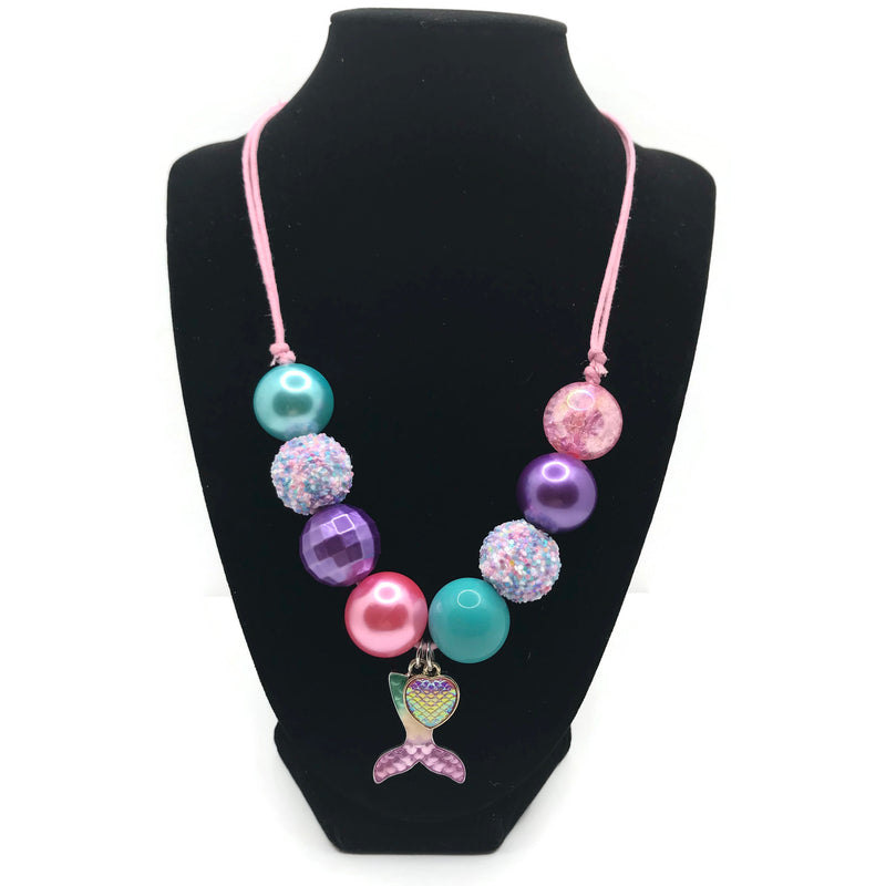 Mermaid Tail with Heart Charm Chunky Bubblegum Necklace with Adjustable Cord