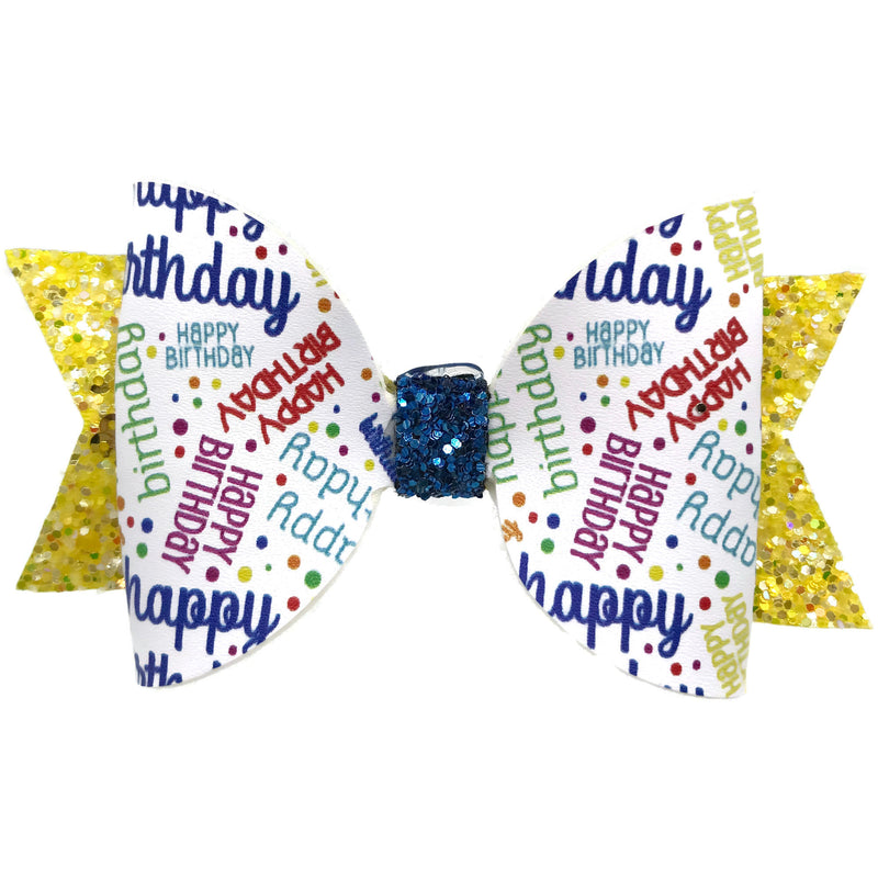 Blue & Yellow Happy Birthday Hair Clip Bow