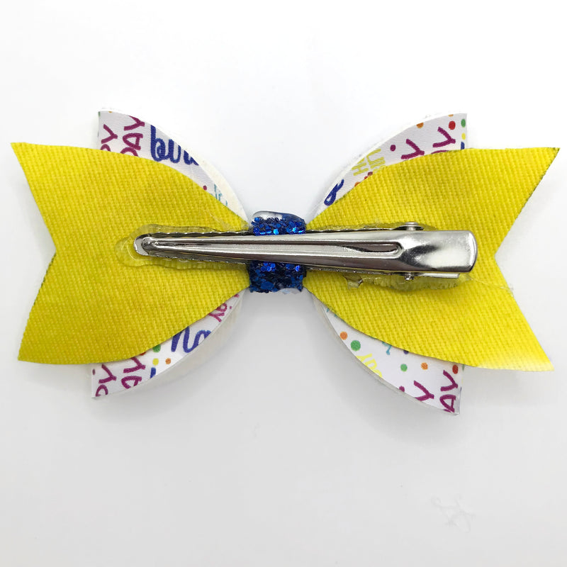 Blue & Yellow Happy Birthday Hair Clip Bow